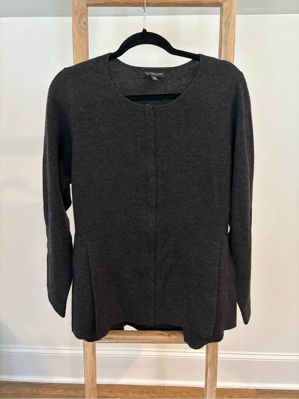 Eileen Fisher Dark Charcoal Round-Neck Knit Cardigan w/ Hidden Zipper Front